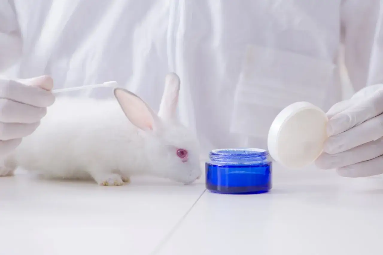 Biały kr&oacute;lik, obiekt testowania kosmetyk&oacute;w na zwierzętach, z wacikiem przy uchu. Obok niebieski słoiczek z kremem.
