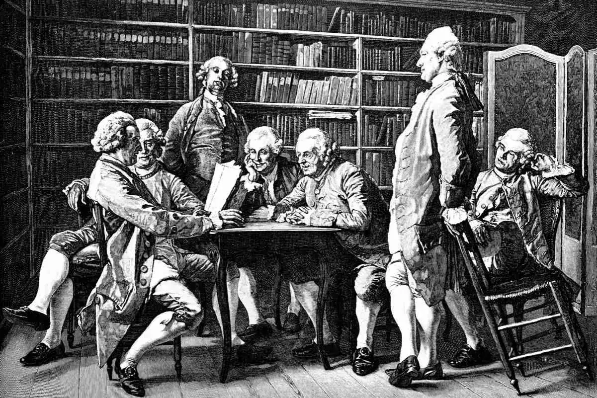 Mężczyźni w strojach z epoki dyskutują przy stole w bibliotece, symbolizując oświecenie w Polsce.