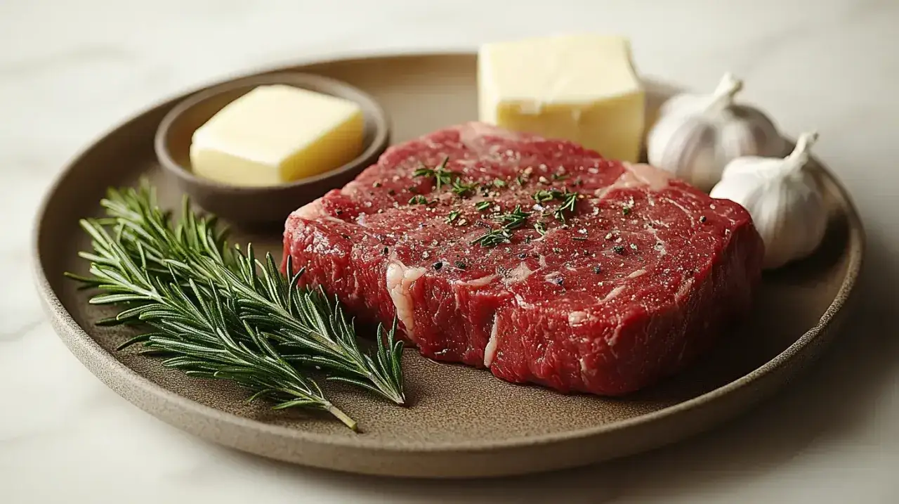 Surowy stek wołowy, przyprawiony ziołami i pieprzem, gotowy do pieczenia w piekarniku. Obok masło, czosnek i rozmaryn.