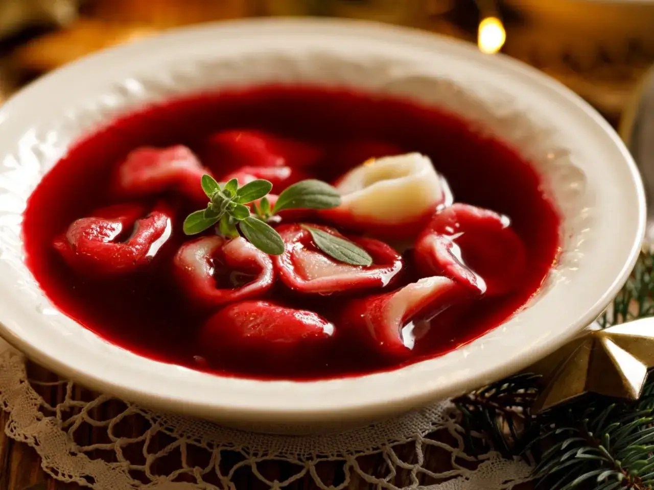 Miseczka gorącego barszczu z uszkami, udekorowana gałązką ziół. Gdy barszcz jest za ostry, dodaj łyżkę śmietany lub jogurtu.