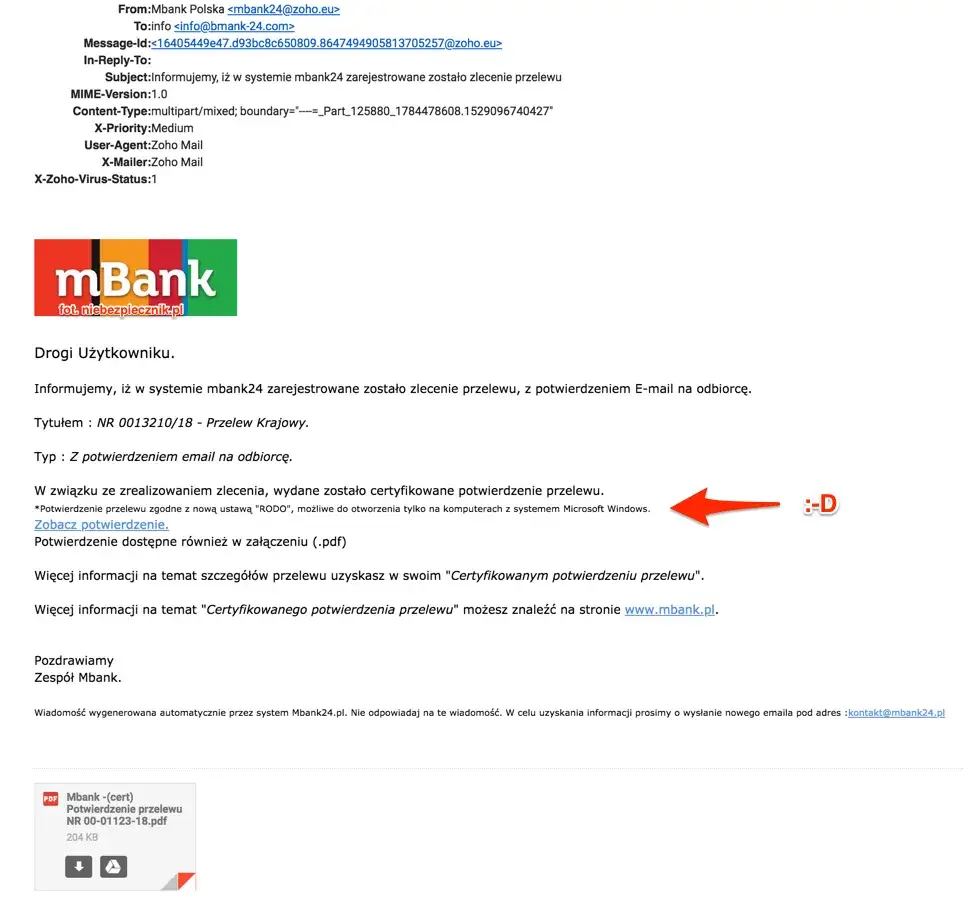 Przykładowe potwierdzenie przelewu mBank