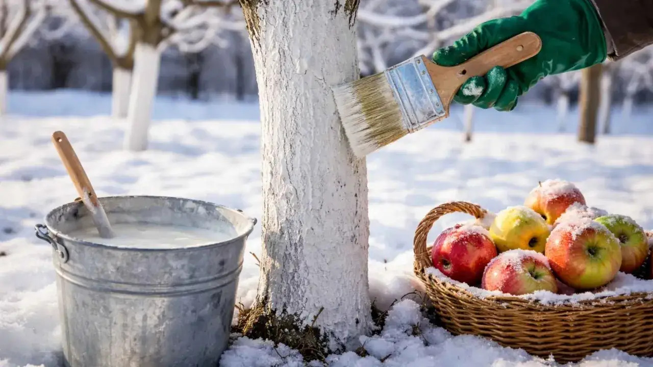 Zimowy sad, kiedy bielimy drzewka. W koszyku jabłka, obok wiadro z wapnem i pędzel.