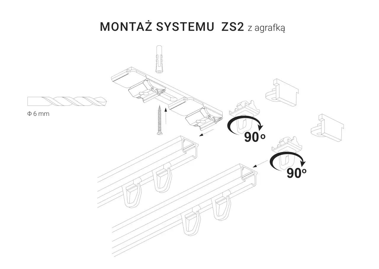 Instrukcja montażu systemu karnisza ZS2 z agrafką. Wiertło 6 mm.