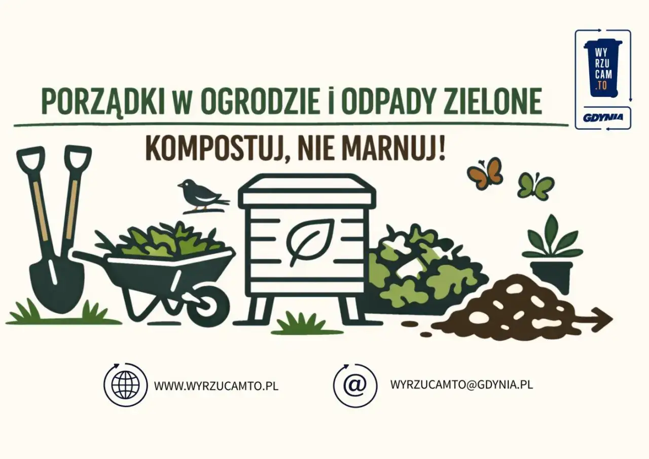 Gdynia jak segregować śmieci: kompostuj odpady zielone z ogrodu, nie marnuj! Ilustracja pokazuje kompostownik, taczkę z trawą, łopaty i motyle.