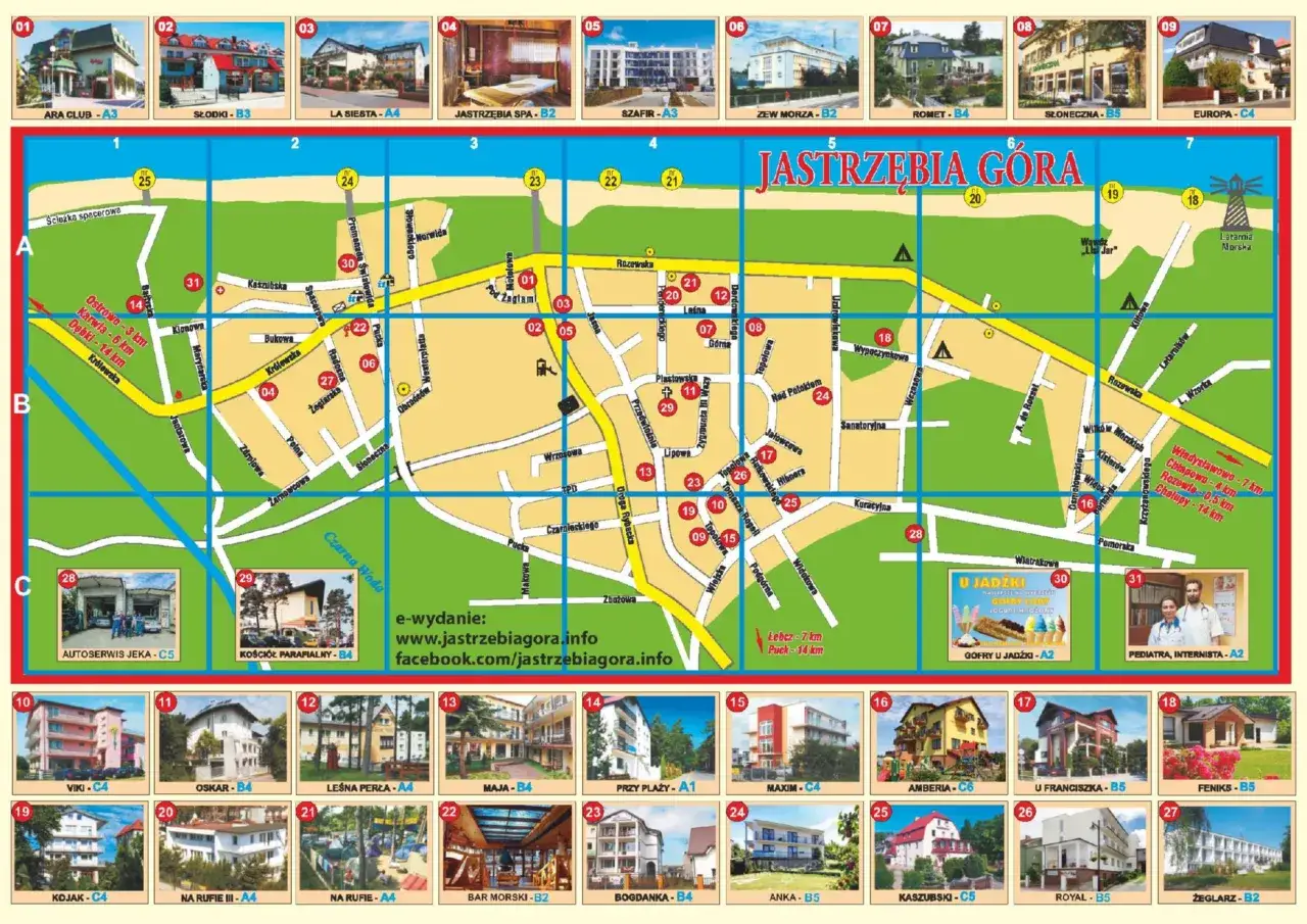 Mapa Jastrzębiej Góry z zaznaczonymi atrakcjami, hotelami i drogami. Znajduje się tu latarnia morska i plaża.