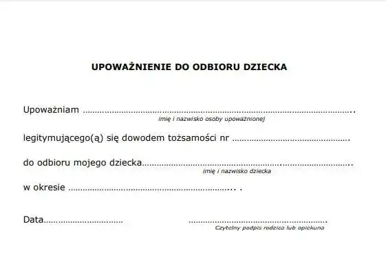 wz&oacute;r upoważnienia do odbioru dziecka z przedszkola