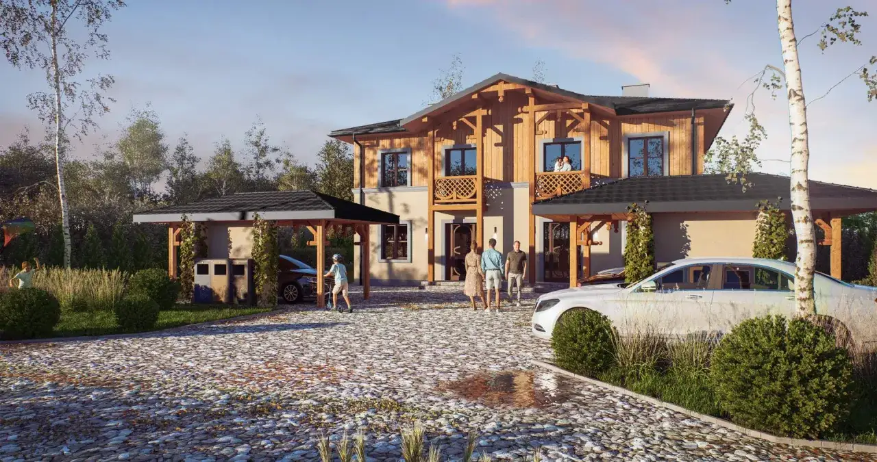 Nowoczesny dom z bali, inspirowany stylem świdermajer, z dwoma samochodami i rodziną na podjeździe.