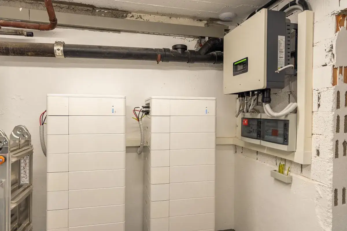 Dwa białe, modułowe moduły tworzą domowy magazyn energii. Obok znajduje się falownik i skrzynka z bezpiecznikami.