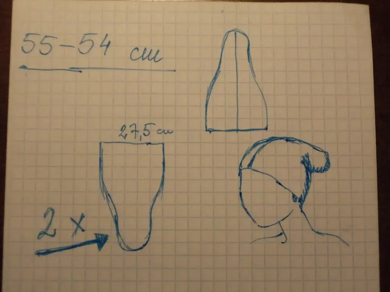 Szkic instrukcji, jak uszyć czapkę smerfa: wymiary 55-54 cm, dwa kawałki materiału 27,5 cm, szablon czapki i głowy.