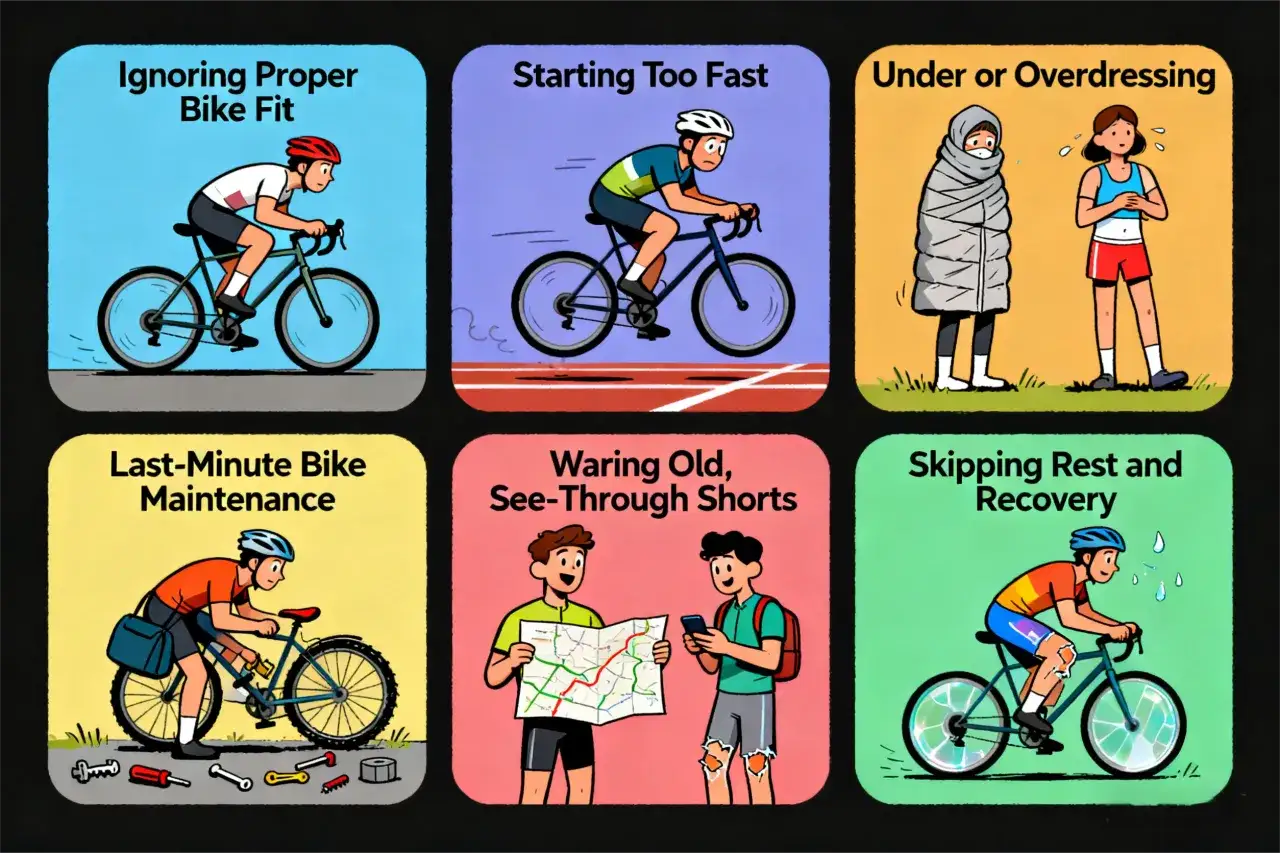 Ilustracja pokazuje błędy popełniane podczas treningu kolarskiego: zły dob&oacute;r stroju, brak odpoczynku, pośpiech, zaniedbanie roweru.