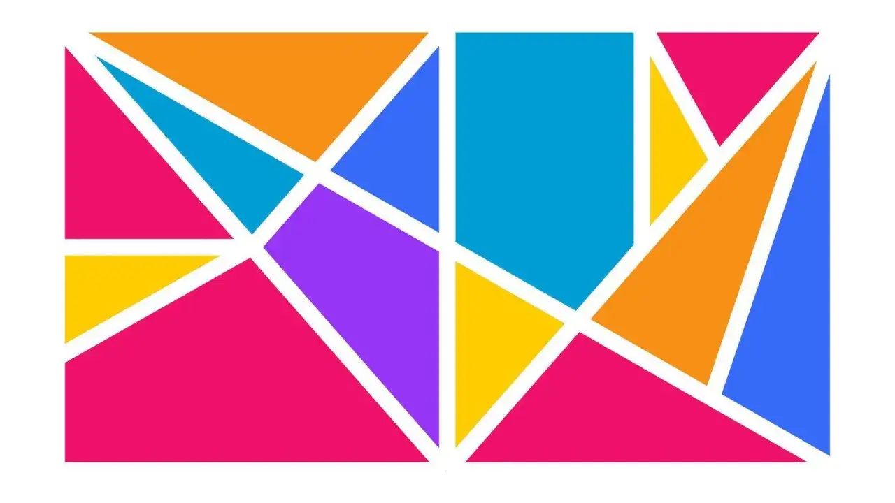 Kolorowe tangram wzory do układania. Geometryczne kształty w odcieniach r&oacute;żu, ż&oacute;łci, pomarańczu, błękitu i fioletu tworzą abstrakcyjną kompozycję.