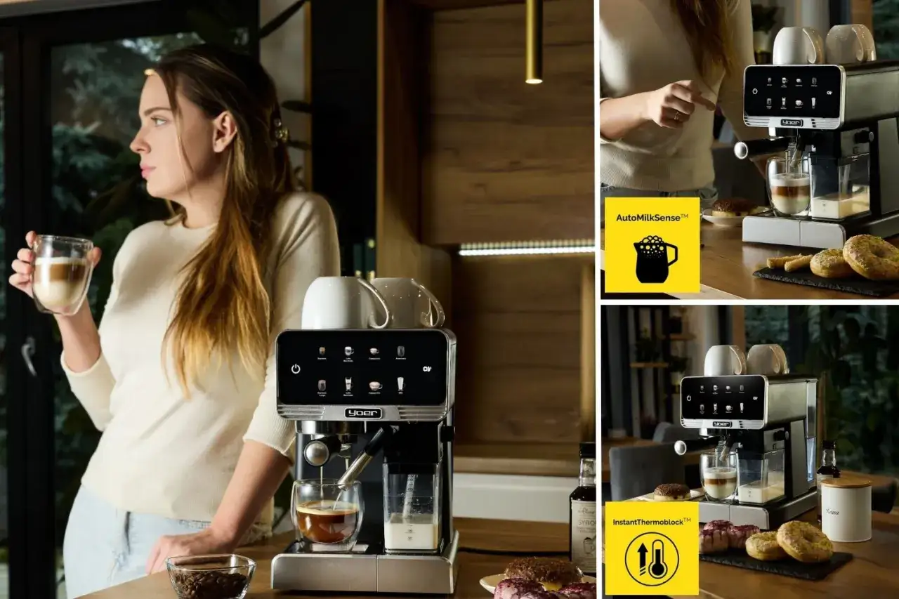 Ranking ekspresów do kawy do biura: wydajność i łatwość czyszczenia. Kobieta z kawą, ekspres przygotowuje napoje, ikony funkcji.