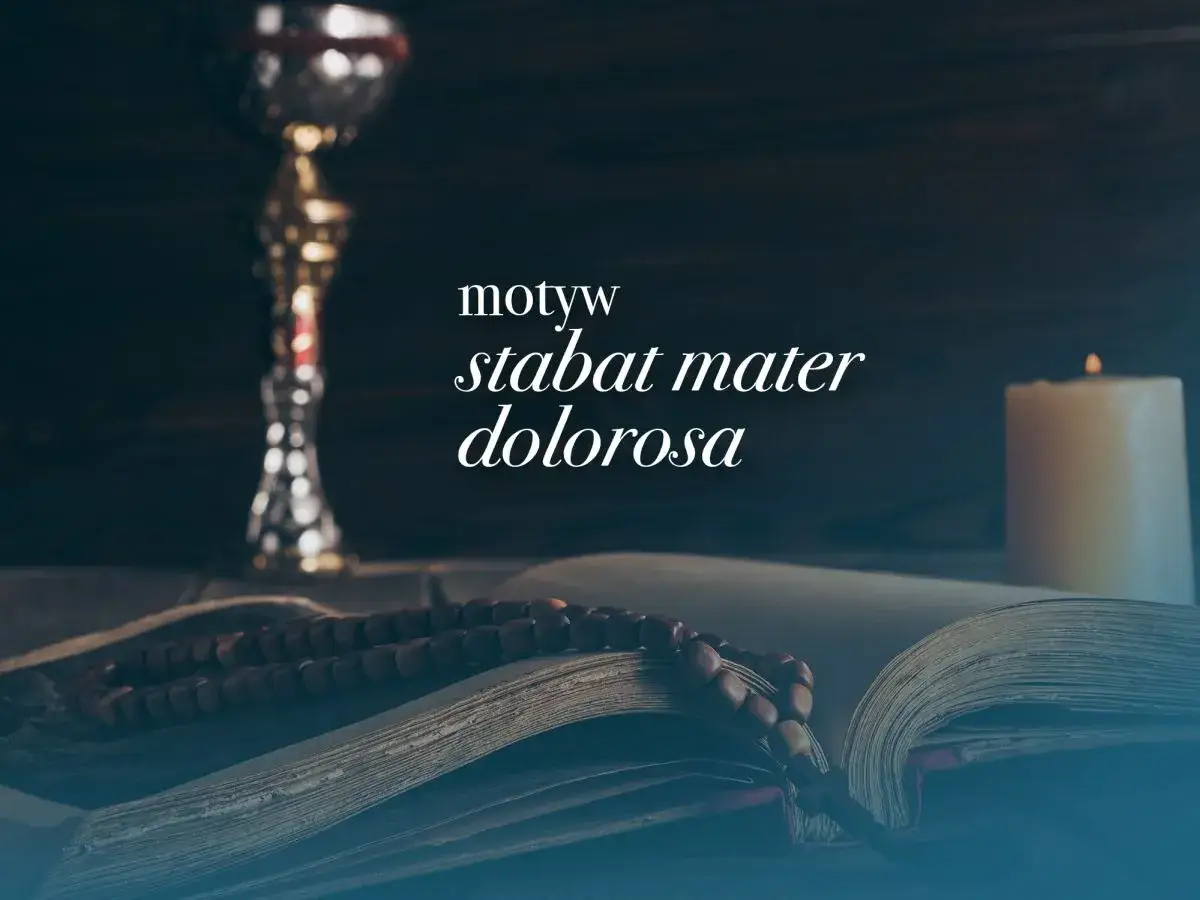 Kielich, otwarta księga z różańcem i płonąca świeca. Tekst: