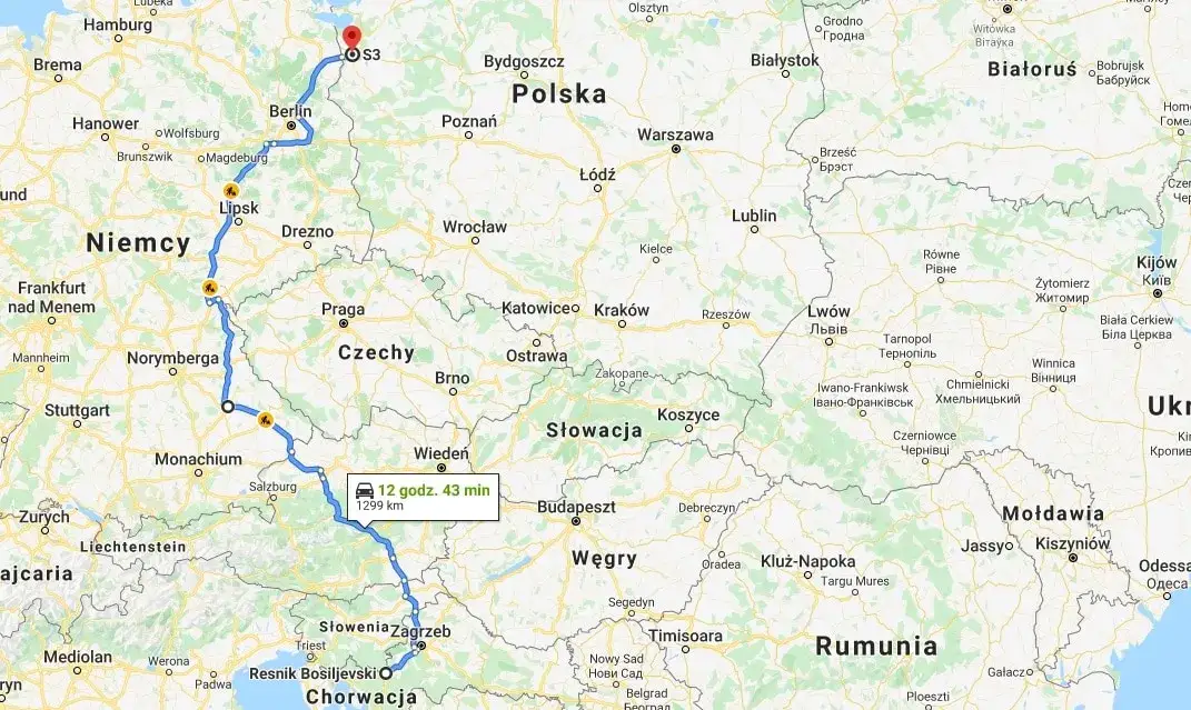 Mapa trasy samochodowej Gdańsk Chorwacja