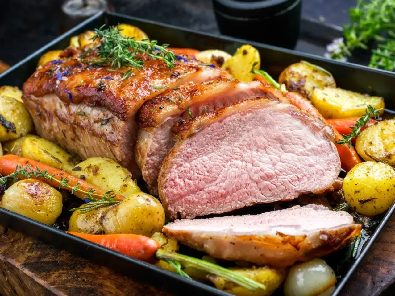Soczysta polędwiczka wieprzowa pieczona w piekarniku z ziemniakami i marchewką, udekorowana ziołami.