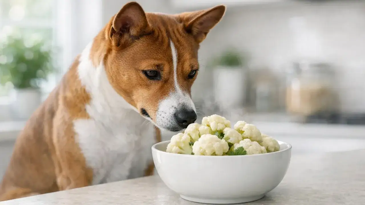 Szczeniak wącha parującą kalafior w misce. Zastanawiasz się, czym karmić szczeniaka? Warzywa mogą być zdrowym dodatkiem do diety.