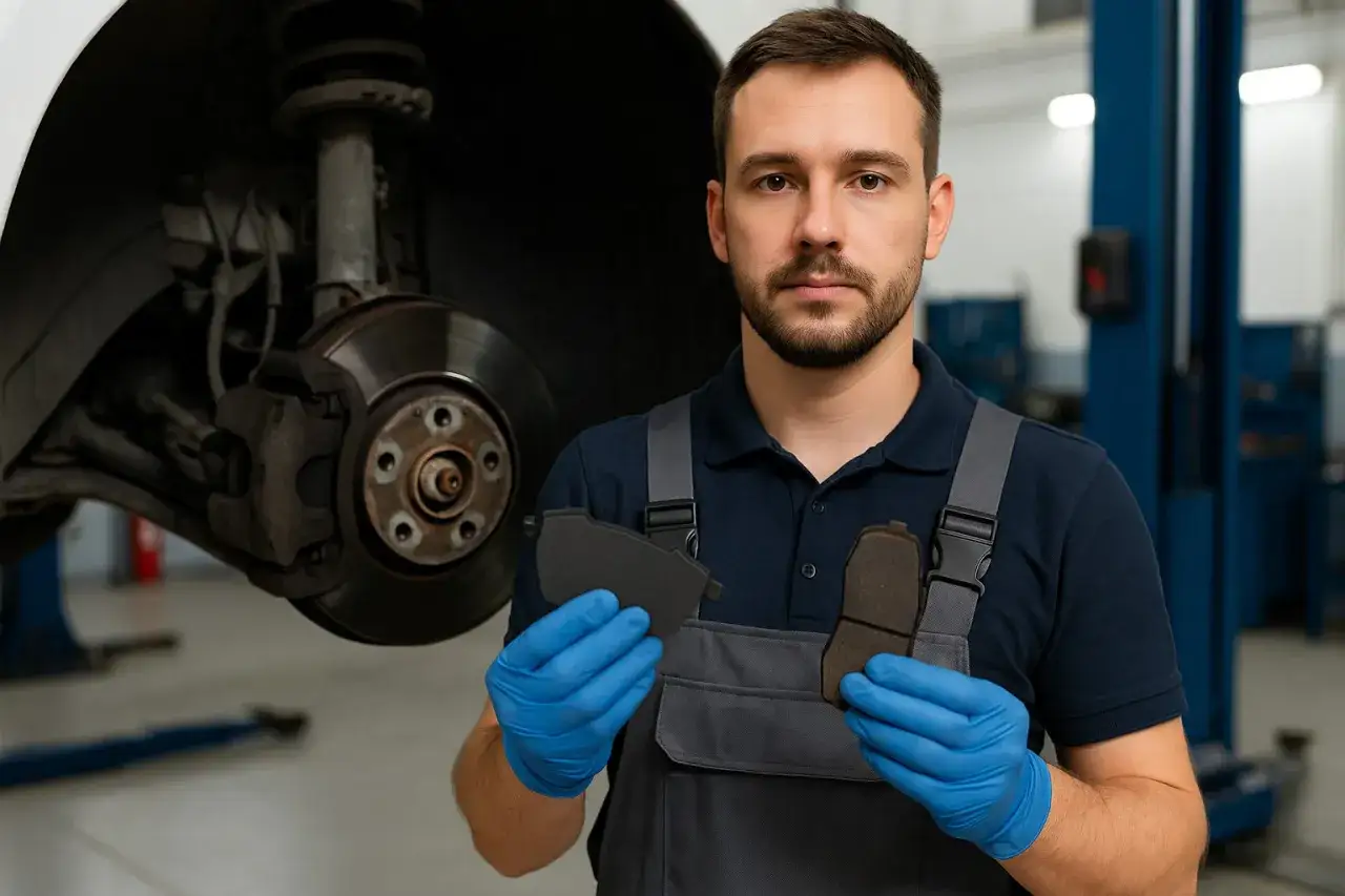 Mechanik pokazuje klocki hamulcowe, wyjaśniając, jak dobrać klocki hamulcowe do stylu jazdy miejskiej.