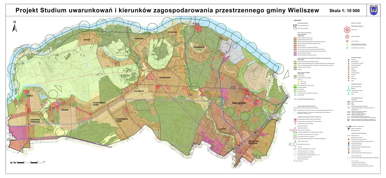 Mapa projektu studium zagospodarowania przestrzennego gminy Wieliszew z zaznaczonymi terenami, obiektami i infrastrukturą.
