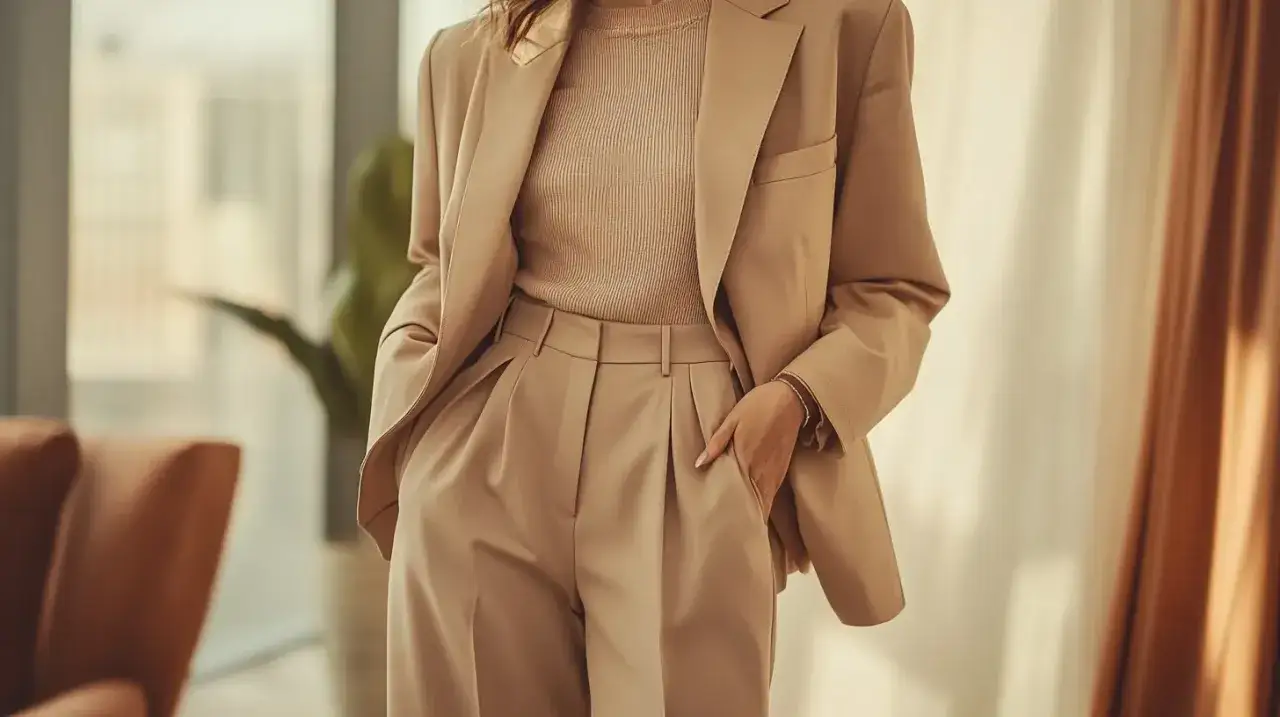 Eleganckie stylizacje damskie w beżowym garniturze. Kobieta w marynarce i spodniach z wysokim stanem, gotowa na biznesowe spotkanie.
