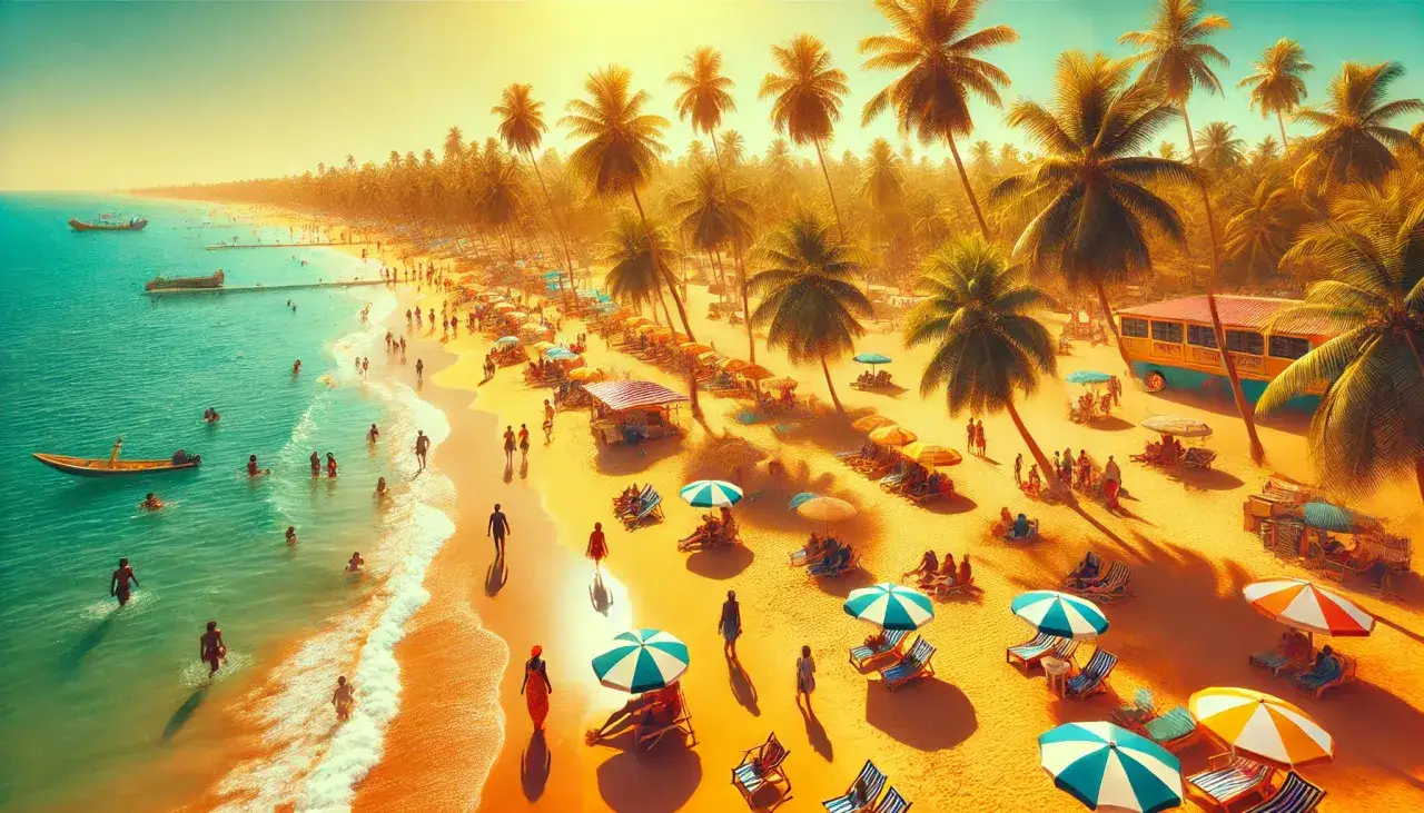 Słoneczne wakacje w Gambii: ludzie kąpią się w turkusowej wodzie, odpoczywają pod palmami i parasolami na złocistej plaży.