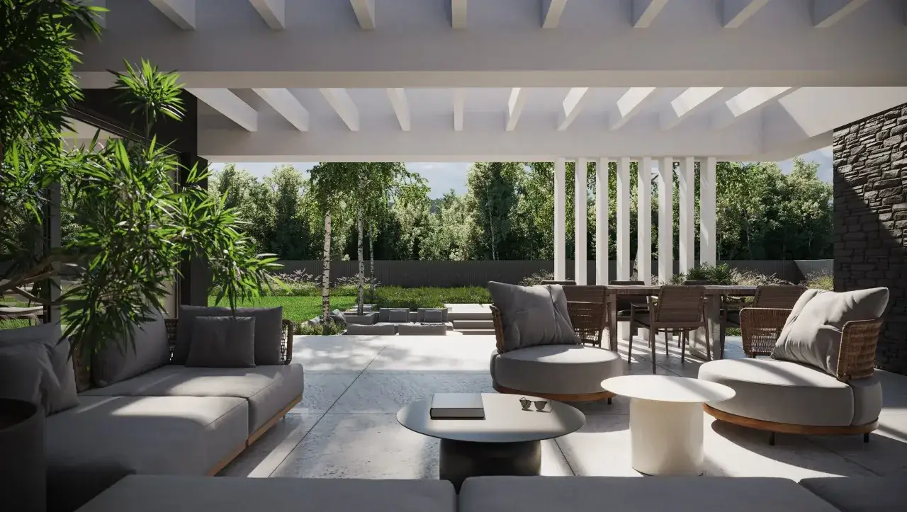 Nowoczesny taras przed domem z wygodnymi sofami, stolikami i jadalnią na świeżym powietrzu. Otoczony zielenią, idealny do relaksu.