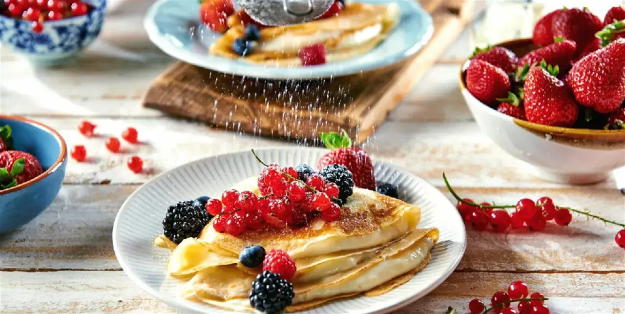 Pyszne naleśniki z owocami leśnymi i porzeczkami. Idealne śniadanie na słodko, posypane cukrem pudrem.