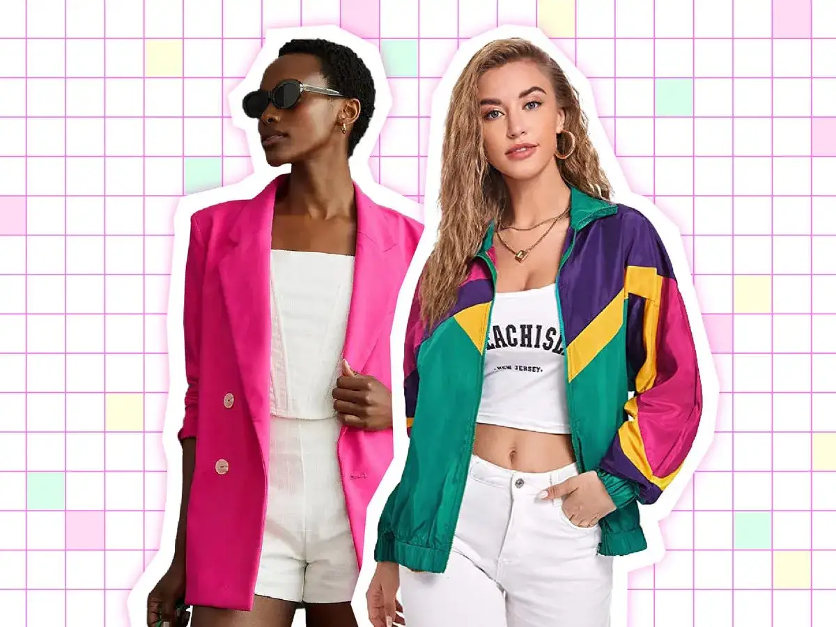 Impreza lata 80 jak się ubrać? Postaw na neonowy różowy blazer lub kolorową kurtkę w stylu retro.