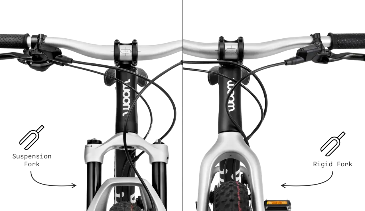 Por&oacute;wnanie widelca rowerowego: amortyzator powietrzny czy sprężynowy. Po lewej amortyzator, po prawej sztywny widelec.