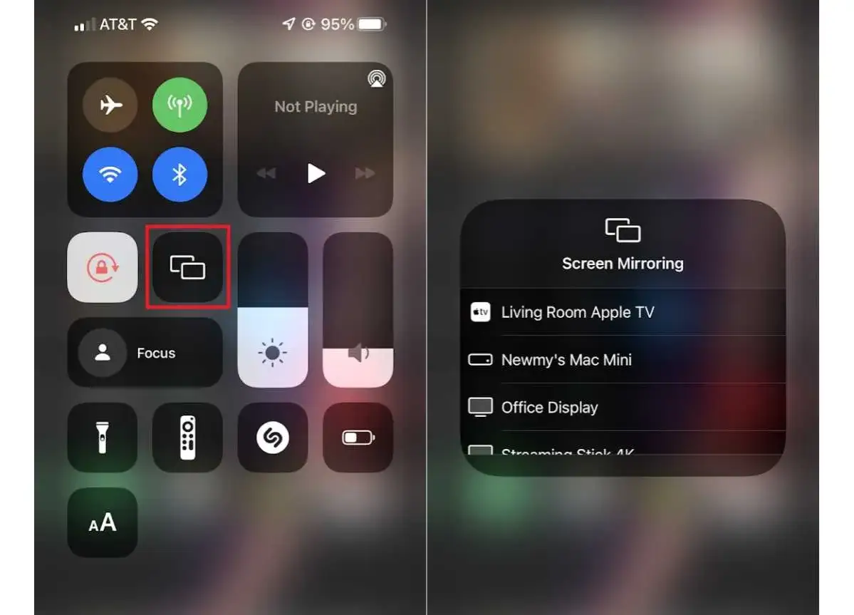 Jak udostępnić ekran z iPhone na TV? Widok centrum sterowania z zaznaczonym przyciskiem Screen Mirroring i listą dostępnych urządzeń.