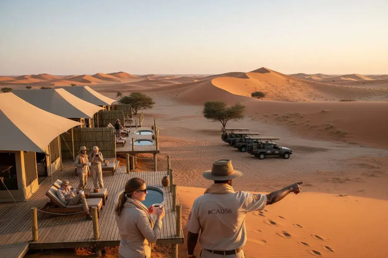 Luksusowe namioty i baseny na tle pustynnych wydm. Safari i niezapomniane namibia atrakcje.