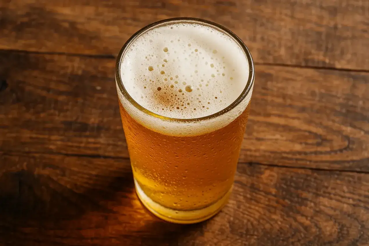 Chłodne piwo z pianką na drewnianym blacie. Zastanawiasz się, ile kalorii ma piwo?