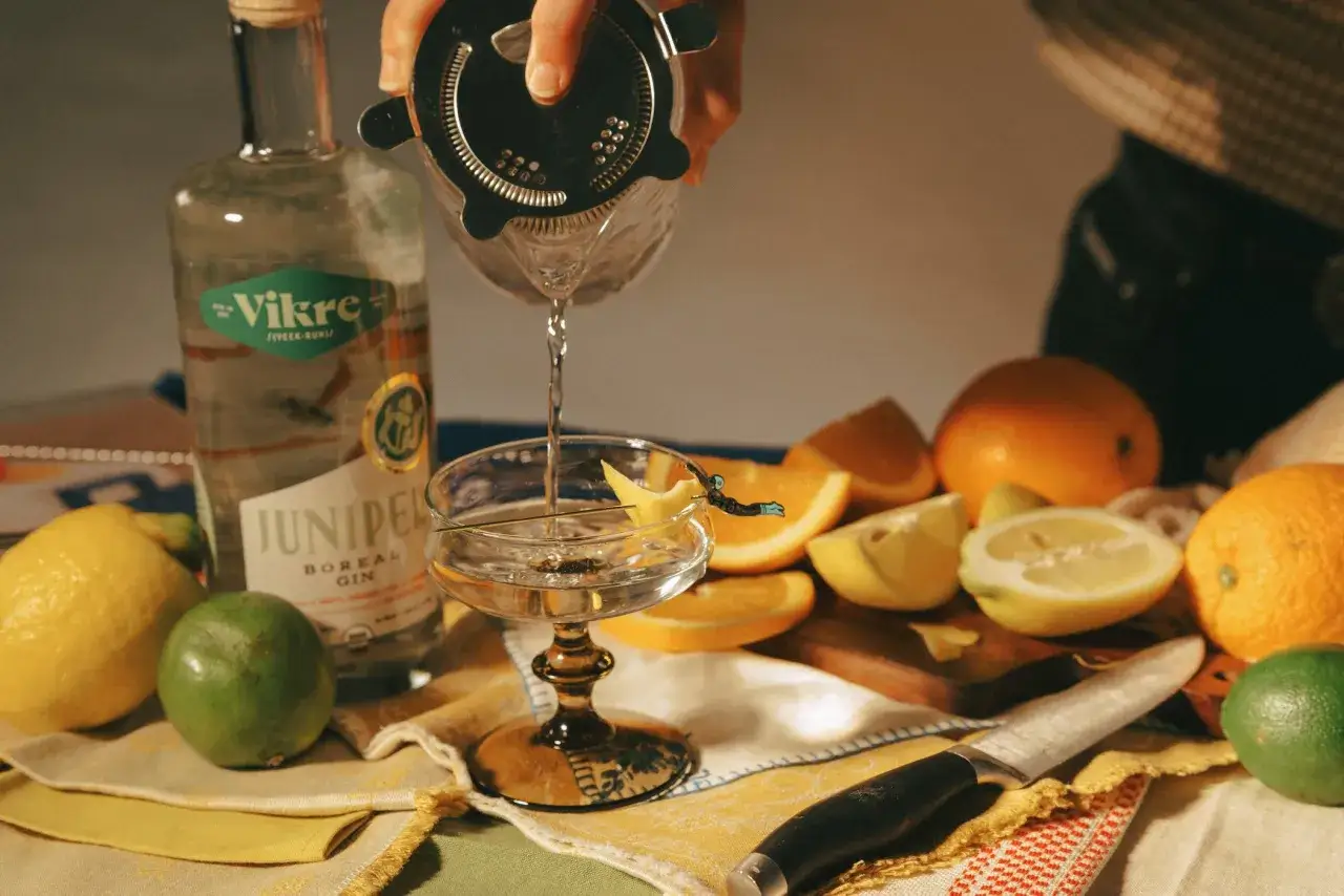 Przygotowanie drinka martini aperitivo. Gin, cytryny, limonki i pomarańcze tworzą orzeźwiającą kompozycję.