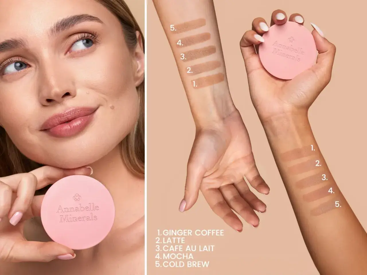 Jak dobrać bronzer do twarzy? Pr&oacute;bki odcieni Annabelle Minerals na sk&oacute;rze dłoni i przedramienia pomogą wybrać idealny kolor.