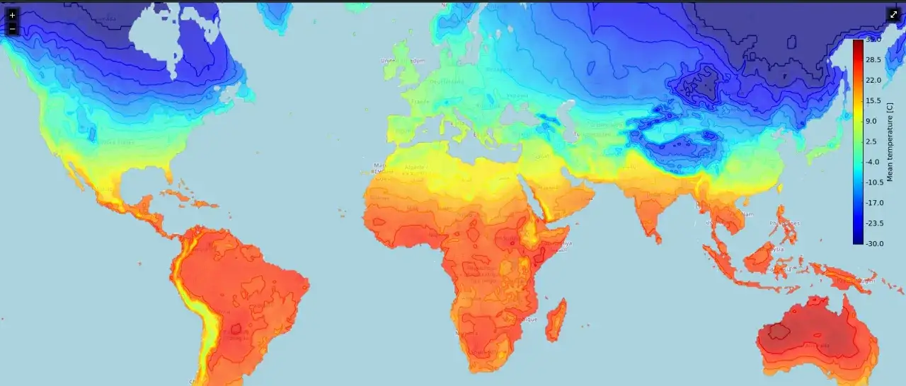 Mapa świata z zaznaczonymi ciepłymi krajami w styczniu