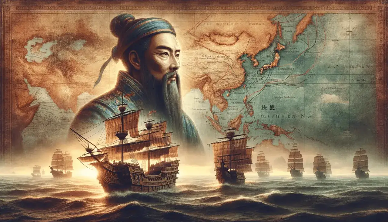 Starożytny żeglarz z brodą i w tradycyjnym stroju patrzy na mapę świata, gdzie widać żaglowce. To wizja czasów, kiedy wynaleziono kompas.