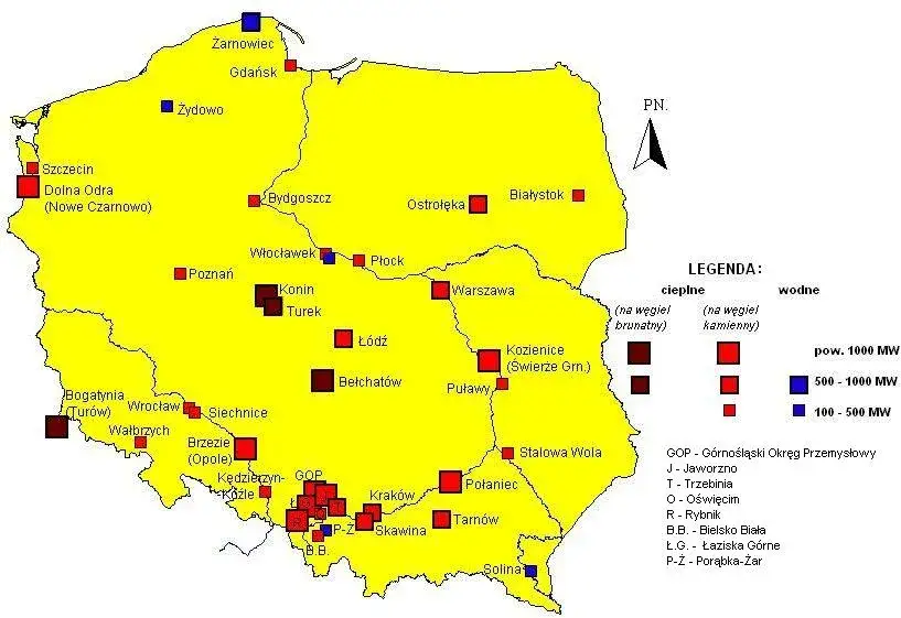 Mapa Polski z zaznaczonymi elektrowniami węglowymi i OZE