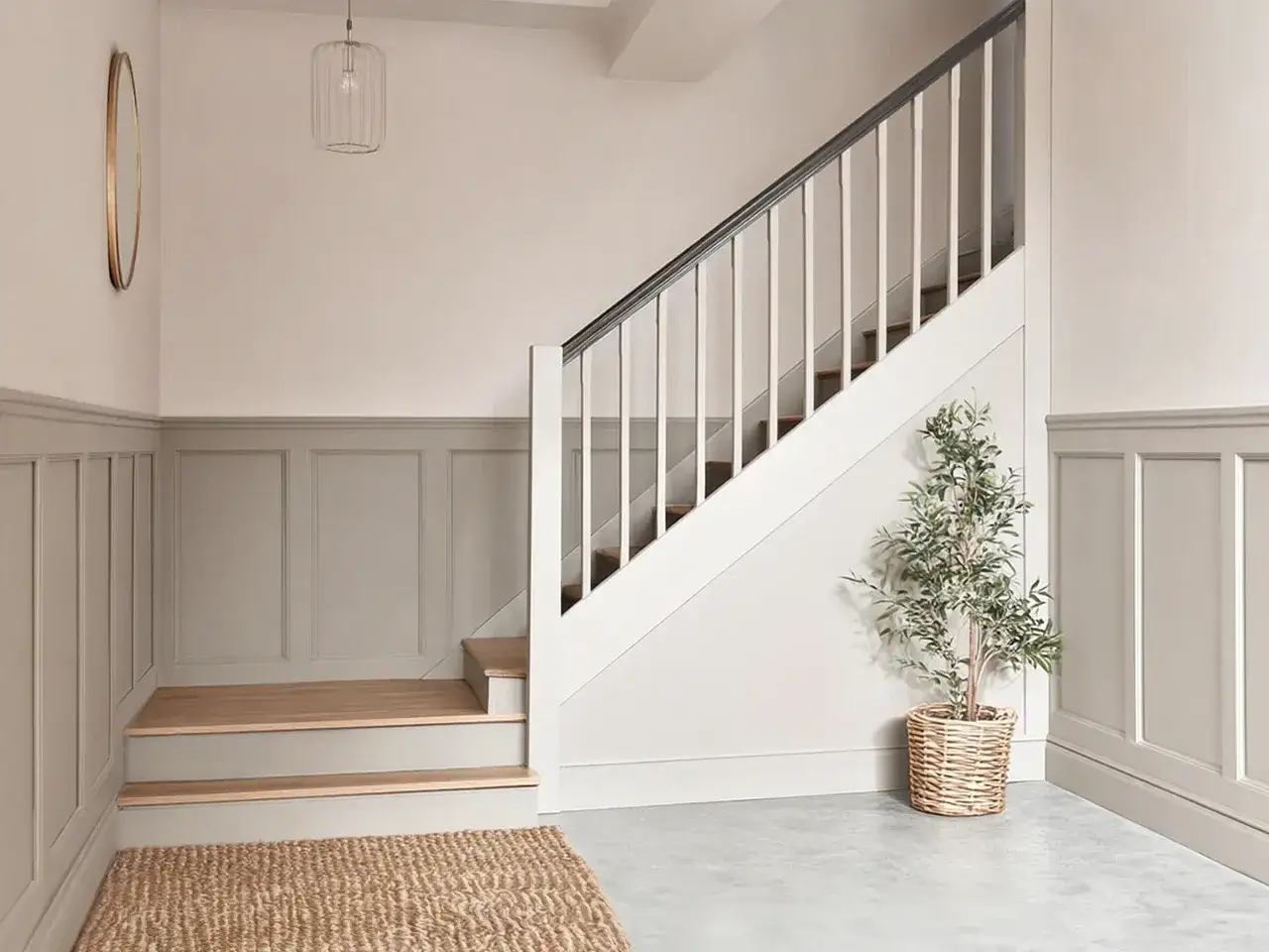 Elegancka klatka schodowa z boazerią angielską, idealna inspiracja, jak zrobić boazerię angielską.