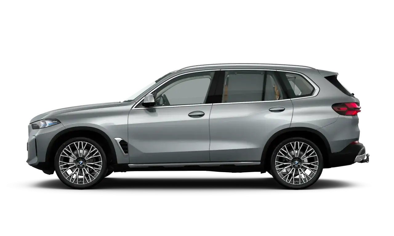 Srebrne BMW X5 z profilu, z widocznymi felgami i detalami nadwozia. Idealne do sprawdzenia BMW X5 dane techniczne.