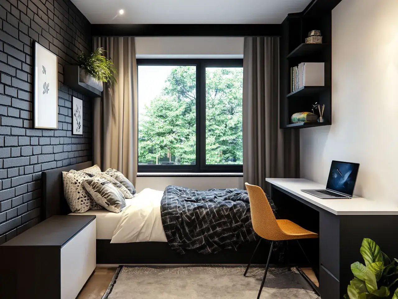 Nowoczesne, modne ściany w pokoju młodzieżowym z cegły nadają mu industrialny charakter. Wygodne ł&oacute;żko, biurko z laptopem i rośliny tworzą przytulną przestrzeń.