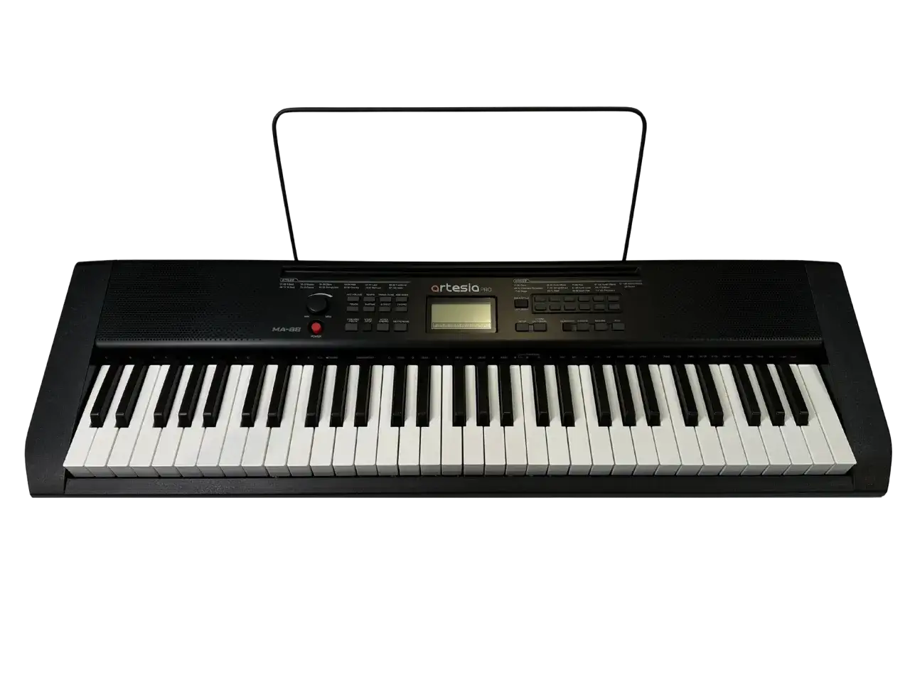 Czarny keyboard z białymi klawiszami. Widoczny opis klawiszy keyboardu, przyciski sterujące i wyświetlacz.