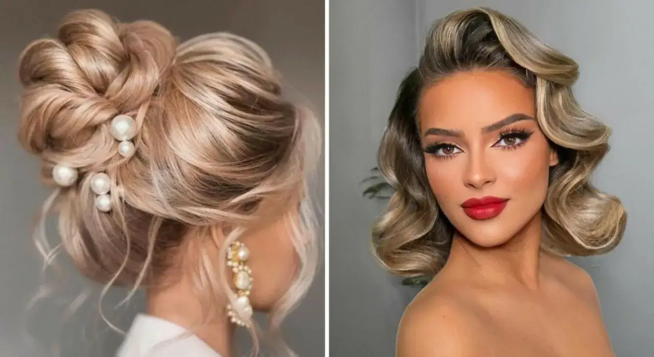 Eleganckie fryzury na wesele: upięcie z perłami i fale w stylu retro.