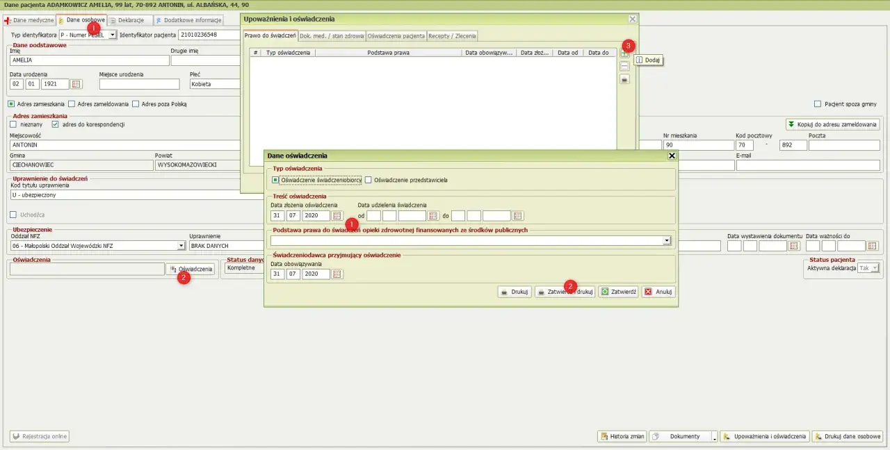 Dane pacjenta, sekcja 