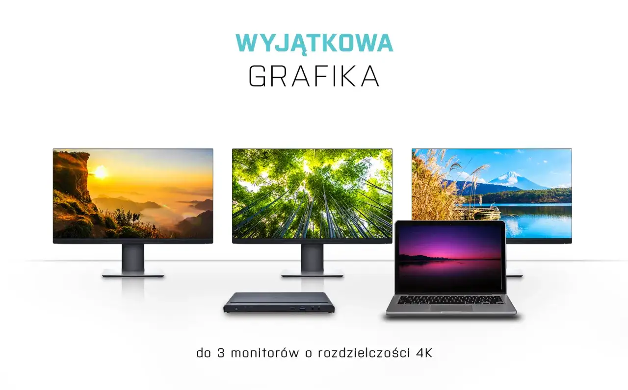 Wyjątkowa grafika: laptop i stacja dokująca umożliwiające podłączenie 3 monitor&oacute;w 4K.