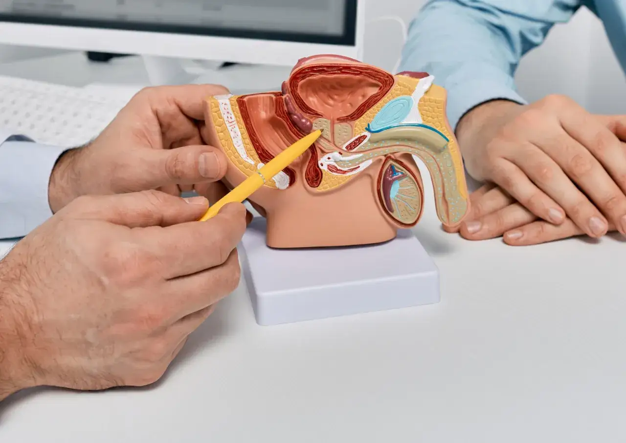 Lekarz pokazuje model układu moczowo-płciowego, wyjaśniając pacjentowi, czy do urologa trzeba być na czczo.