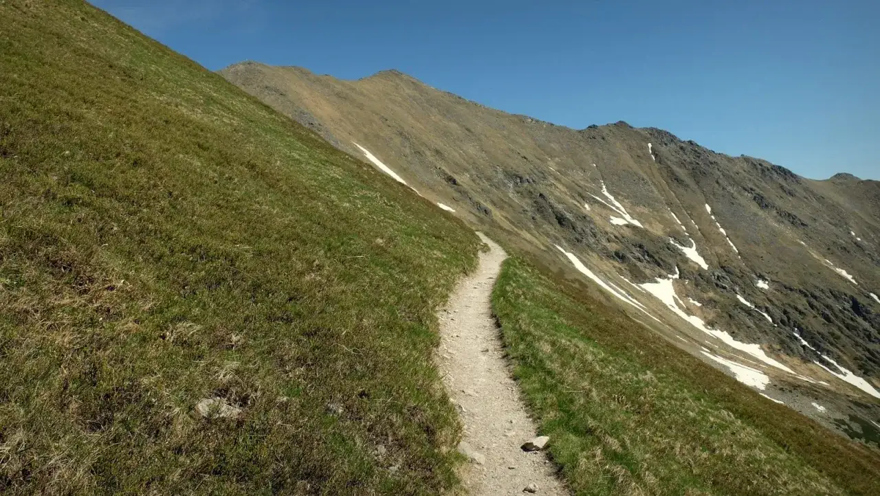 Kamienista ścieżka wije się po zboczu porośniętym trawą, prowadząc w stronę skalistej przełęczy w Tatrach.