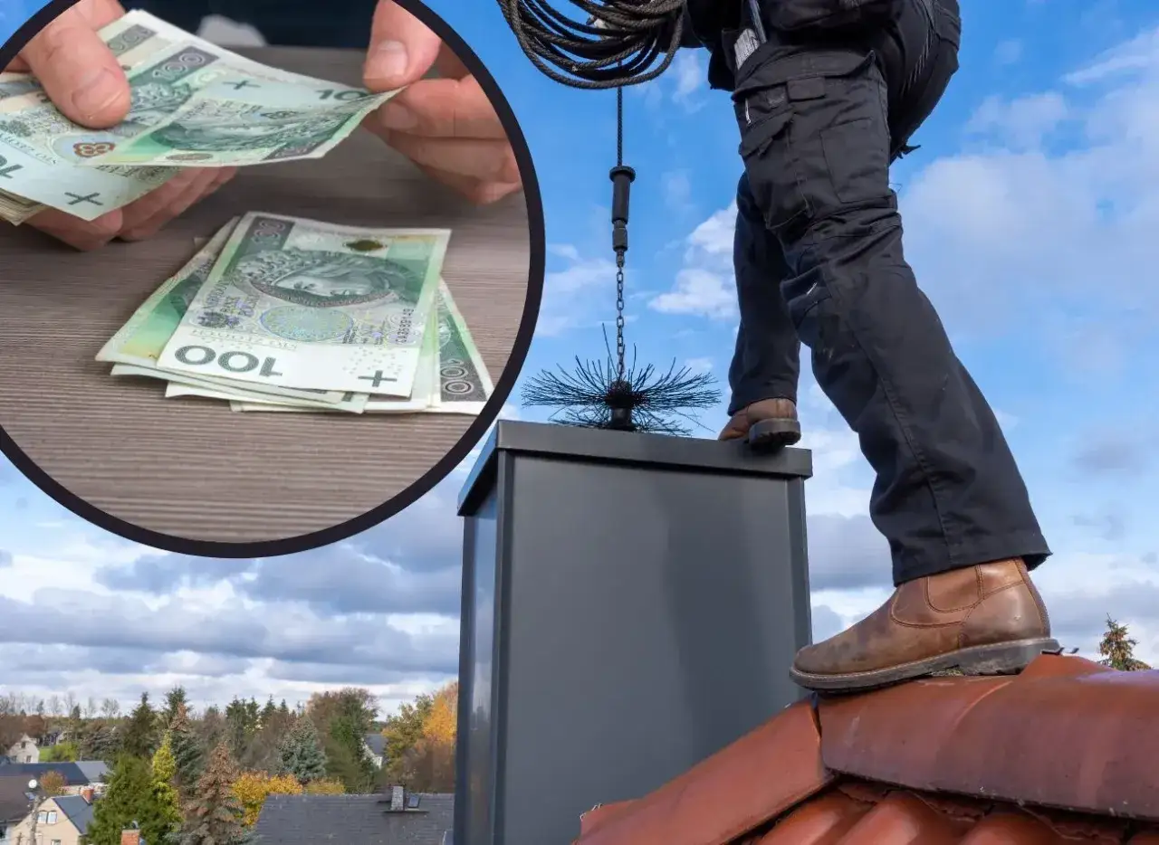Kominiarz na dachu z narzędziami i pieniędzmi. Czy kominiarz może dać mandat za zaniedbanie?