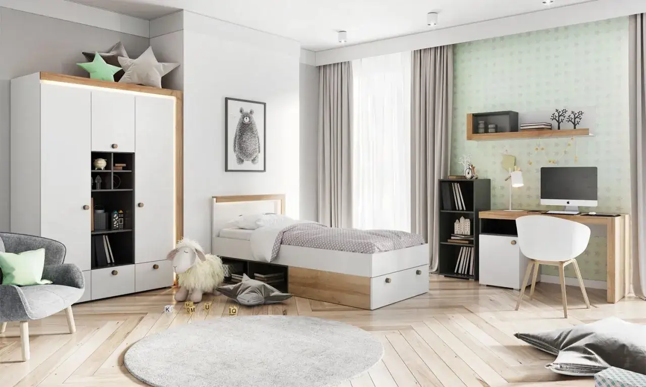 Nowoczesne pokoje dla dzieci: białe meble, łóżko z szufladami, biurko, szafa i wygodny fotel tworzą przytulną przestrzeń.