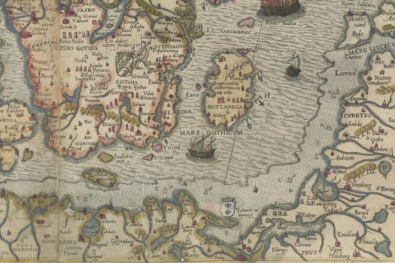 Stara mapa pokazuje Morze Bałtyckie, z zaznaczonymi miastami i krainami. Widać żaglowiec, a nazwy sugerują, czy Bałtyk zamarzał w tamtych czasach.