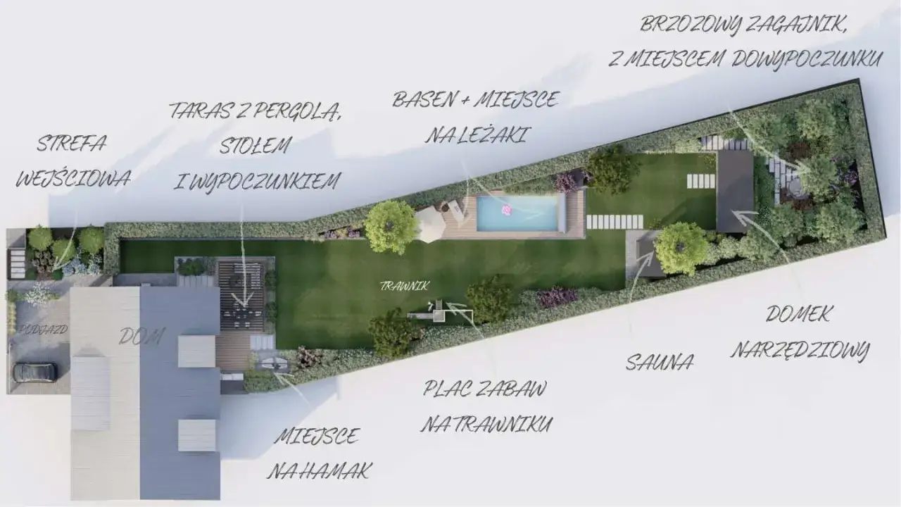 Projekt ogrodu z wydzielonymi strefami: wejściową, tarasem, basenem, placem zabaw i miejscem na hamak.