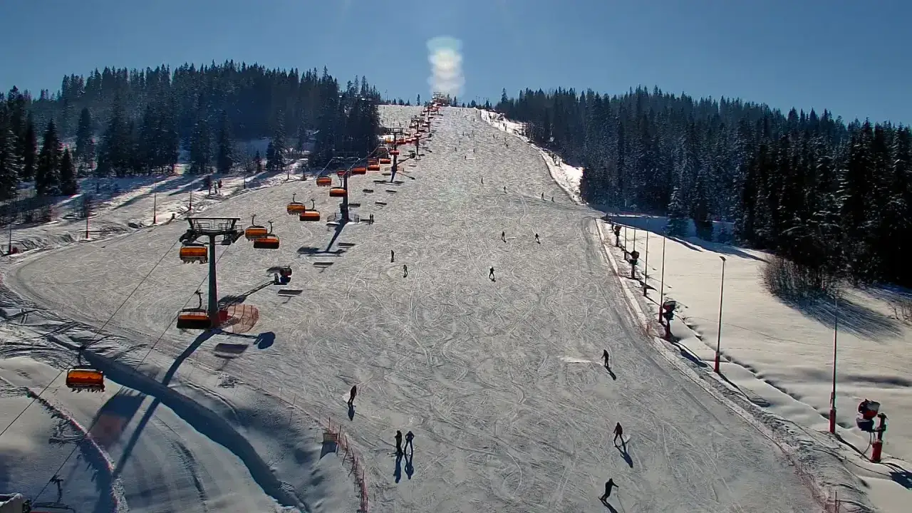 Słoneczny dzień na białczańskich trasach narciarskich. Krzesełka wiozą narciarzy na szczyt, a poniżej szusują amatorzy białego szaleństwa.